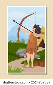 Cartaz das idades pré-históricas. Mulher com arco. Caçador e atirador preciso, arqueiro. História e paleontologia. Elemento gráfico para site. Ilustração de vetor plano isolada no plano de fundo bege