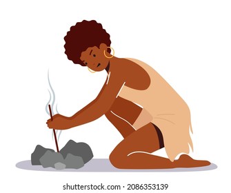 Prehistoric Ages Woman Light A Fire Using Tools, Primitive Neanderthal Female Character Life, Wild Girl Wear Animal Skin Make Bonfire Isolated On White Background. Cartoon People Vector Illustration