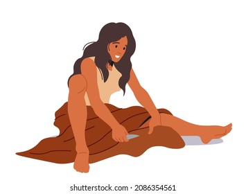 Prehistoric Ages Woman Siting on Ground Curry, Female Character Primitive Neanderthal Lifestyle, Wild Girl Wear Animal Skin Using Tools Isolated on White Background. Cartoon People Vector Illustration