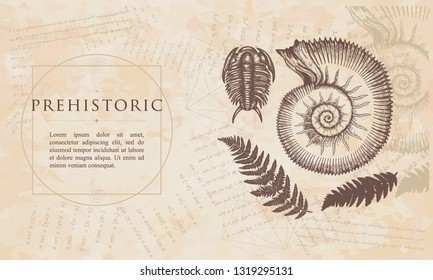 Prehistoric. Ancient ammonites fern, trilobite. Archeology and paleontology concept. Cambrian art. Renaissance background. Medieval manuscript, engraving style 