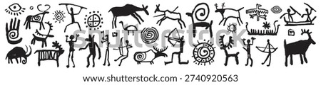 Prehistoric ancient cave art, hand drawn archaeology wall doodle, animal and people silhouette set. History human civilization sign, hunting scene fireplace iron age symbol. Traditional cave art print