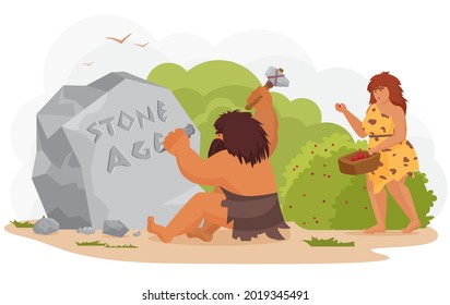 Prehistoric Ancient Primitive Cave Tribe Man And Woman Vector Illustration. Cartoon Wild Prehistoric Caveman Character Sitting, Writing, Carving Stone Age Inscription On Rock Isolated On White