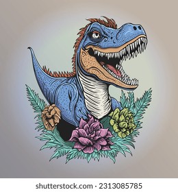 Prehistoric Animal Dinosaur Rex with Flowers Illustration