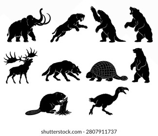 Prehistoric animal silhouettes featuring Ice Age megafauna like mammoths and saber-toothed cats. Black vector icons isolated on white.