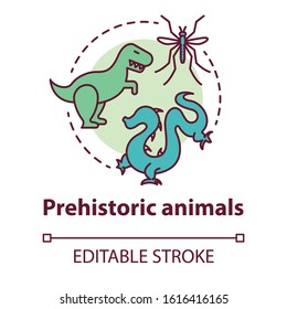 Prehistoric animals concept icon. Paleontological researching. Study of extinct and mythical animals. Evolution theory idea thin line illustration. Vector isolated outline drawing. Editable stroke