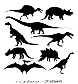 Prehistoric animals dinosaur silhouettes extinct species isolated ancient beast vector Jurassic dino triceratops or T-rex brontosaurus or pterodactyl and stegosaurus, pteranodon or ceratosaurus