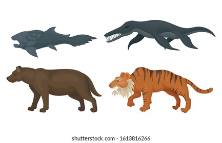 Prehistoric Animals Isolated on White Background Vector Set