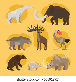 Prehistoric animals. Vector cartoon ancient mammal ice age extinct animal set like mammoth and cave lion