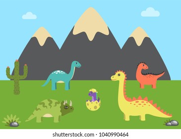 Prehistoric animals and wild nature, cactus and mountains, grass and egg with little dinosaur, life of dinosaurs, isolated on vector illustration