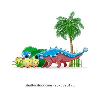 Prehistoric ankylosaurus mother dinosaur with kid in egg. Cartoon vector Late cretaceous era scene featuring an adult dino parent with blue spikes and a tail club, standing near nest of hatching baby