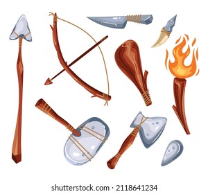 Prehistoric archaeology object weapons isolated set. Vector flat graphic design illustration