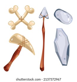 Prehistoric archaeology object weapons isolated set. Vector flat graphic design illustration
