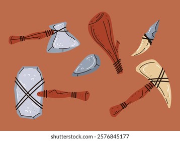 Prehistoric archaeology object weapons isolated set. Vector flat graphic design illustration