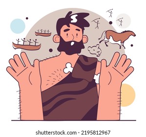 Prehistoric art. Caveman process simple illustration, animal and people figures. Human evolution theory. Humanity ancestors, anthropology studying concept. Flat vector illustration