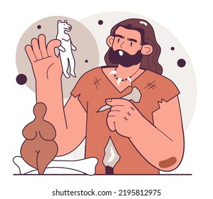 Prehistoric art. Caveman process simple sculpture, animal and people figures. Human evolution theory. Humanity ancestors, anthropology studying concept. Flat vector illustration