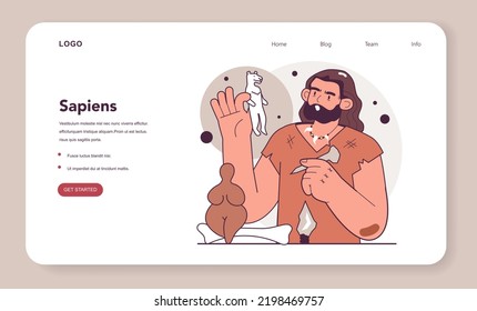 Prehistoric art. Caveman process simple sculpture, animal and people figures. Human evolution theory. Humanity ancestors, anthropology studying concept. Flat vector illustration