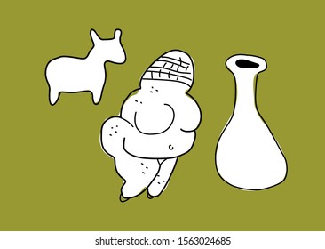 Prehistoric arts and crafts. Prehistoric handmade isolated elements. Cartoon hand drawn style vector illustration.