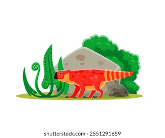 Personaje divertido del dinosaurio Bagaceraptor prehistórico. Paleontología dinosaurio, lagarto prehistórico o animal extinto lindo personaje de Vector de dibujos animados. Personaje infantil de reptil de la era jurásica o mascota aislada