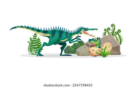 Personaje lindo del dinosaurio Baryonyx prehistórico. Reptil extinto, animal de paleontología o dinosaurio de la era jurásica Divertido personaje de Vector de dibujos animados. Personaje cómico prehistórico del lagarto con el bebé alegre en huevo