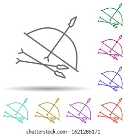 Prehistoric bow and arrow in multi color style icon. Simple thin line, outline vector of prehistoric icons for ui and ux, website or mobile application