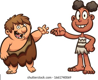 Prehistoric boy and girl cave people happy, standing and presenting something. Vector cartoon clip art illustration with simple gradients. Each on a separate layer.
