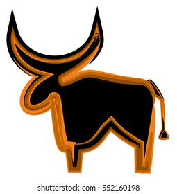 A prehistoric bull. Cave art. Cartoon. Black and orange