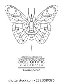 Prehistoric butterfly-like insect Oregramma illecebrosa from Jurassic period. Black and white line art, perfect for coloring and educational purposes.