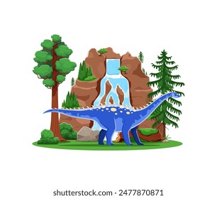 Prehistoric cartoon ampelosaurus dinosaur. Isolated vector vibrant dino with blue spotted skin, long neck and tail, and spine spikes, stands near a waterfall with lush green vegetation surrounding it