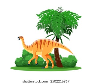 Prehistoric cartoon camptosaurus dinosaur character in jungle forest. Cute jurassic dino animal vector personage with prehistoric tropical palm tree and plant. Funny beaked ornithischian dinosaur