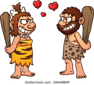 Prehistoric cartoon couple,caveman and cavewoman. Vector illustration with simple gradients. All element in separate layers for easy editing.