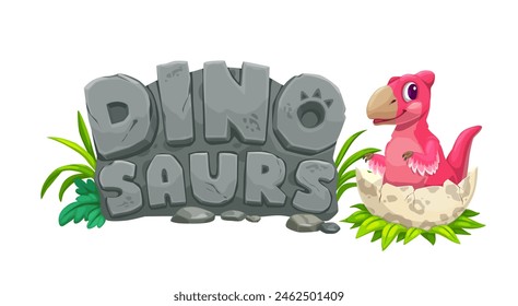 Dino de dibujos animados prehistóricos en cáscara de huevo. Vector aislado divertido pterodáctilo bebé dinosaurio personaje sentado en la cáscara de huevo roto junto con el texto en la placa de piedra. Hermoso recién nacido, niño de dinosaurio jurásico