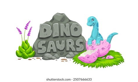 Prehistoric cartoon dino in eggshell. Isolated cute vector newborn sauropod baby dinosaur hatching from the broken egg shell and font on stone plate. Cute Jurassic era reptile for kids game or book