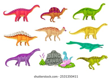 Personajes prehistóricos de animales de dinosaurio de dibujos animados con bebé dino en cáscara de huevo. Conjunto de dinosaurios Vector Jurassic Metriorhynchus, Amigdalodon, Amurosaurus y Neovenator, Kotasaurus, Oxalaia y Lexovisaurus