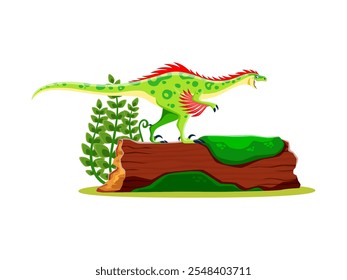 Prehistoric cartoon dinosaur character or Jurassic lizard raptor, vector funny dino. Cretaceous era dinosaur or prehistoric lizard of raptor species in forest for kids paleontology animals collection