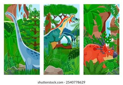 Dinossauros cartoons pré-históricos e lagartos dino engraçados na floresta do parque jurássico, banners vetoriais. Dinossauros pré-históricos mundo na floresta de selva com titanosauria, oviraptor e styracosaurus para crianças livro