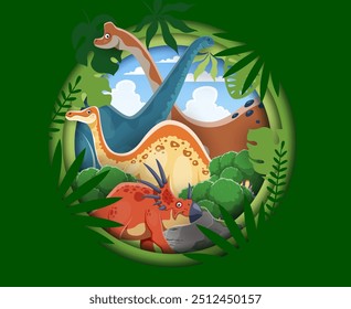 Dinosaurios de dibujos animados prehistóricos en Anuncio cortado en papel de la selva del parque jurásico, fondo de Vector. Divertido dinosaurio styracosaurus con brontosaurus, pelorosaurus y lagarto deinocherus en el bosque de papercut