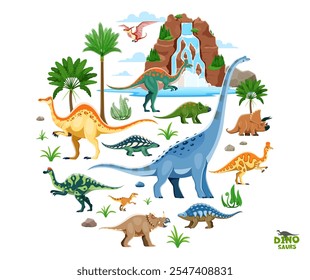 Prehistoric cartoon dinosaurs in round isolated shape. Vector dino species characters amidst a lush jurassic era landscape with palm trees, ferns, waterfall, tropical plants and volcanic rocks