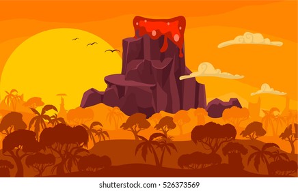 Prehistoric cartoon illustration with volcano eruption on sunset/ Editable Eps 10.