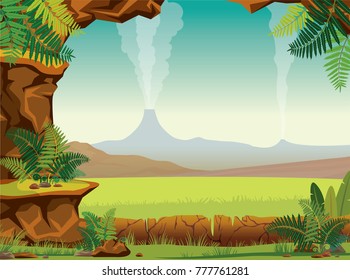 Prehistoric cartoon landscape - green ferns, grass, smoking volcanoes and stone cave on a blue sky. Vector nature illustration.