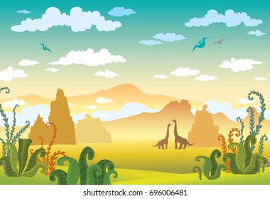 Prehistoric cartoon landscape with silhouette of dinosaurs, green plants, mountains and cloudy sky. Vector illustration with extinct animals.