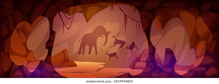 Prehistoric cave with animal drawings on wall. Vector cartoon illustration of mountain tunnel, ancient underground grotto, tribal cavern with primitive pictures, mammoth and antelope silhouettes