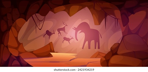 Prehistoric cave with animal drawings on wall. Vector cartoon illustration of mountain tunnel, ancient underground grotto, tribal cavern with primitive pictures, mammoth and antelope silhouettes