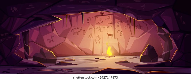 Prehistoric cave with bonfire and drawings on wall. Vector cartoon illustration of fire burning in underground mountain tunnel, tribal cavern with primitive pictures, archeology museum exhibition