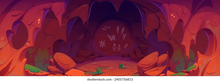 Cueva prehistórica con pintura cavernícola en paredes de piedra. Dibujo vectorial de dibujos animados de la tribu neandertal que habita dentro. Caverna de roca oscura subterránea con antiguos y primitivos dibujos de escenas de la vida.