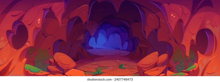 Prehistoric cave with caveman painting on stone walls. Cartoon vector illustration of neanderthal tribe dwelling inside. Dark underground rock cavern with ancient primitive drawings of life scenes.