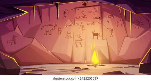 Prehistoric cave with caveman primitive painting on stone walls and fire. Cartoon vector neanderthal tribe dungeon. Aboriginal dwelling in underground rock cavern with ancient drawings and campfire.