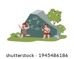 Prehistoric cave children stone age draws primitive hunting on mammoth on rock