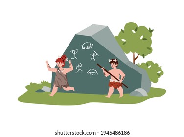 Prehistoric cave children stone age draws primitive hunting on mammoth on rock