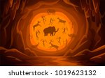 Prehistoric Cave with cave drawings. Cartoon mountain scene background Primitive cave paintings. ancient petroglyphs. Vector illustration.