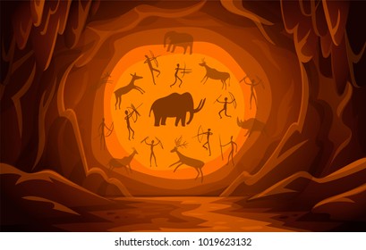 Prehistoric Cave and cave drawings  Cartoon mountain scene background Primitive cave paintings  ancient petroglyphs  Vector illustration 